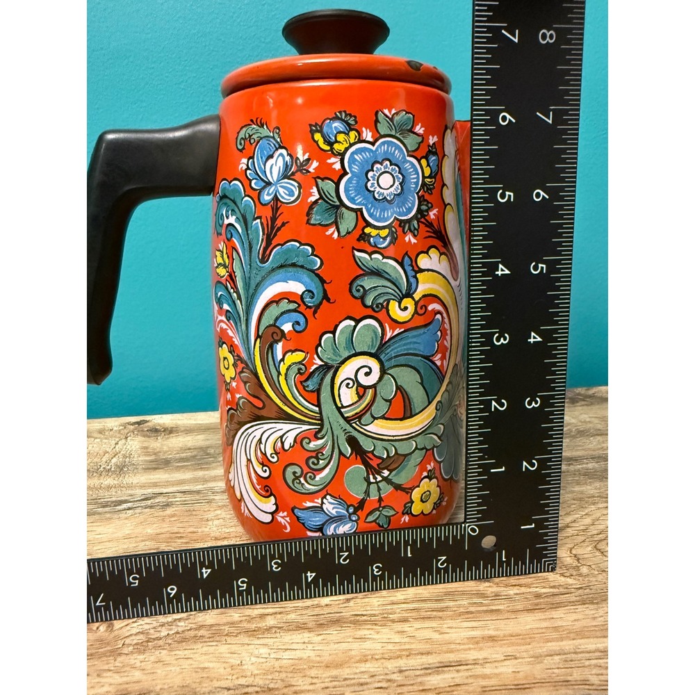 Scandinavian Vintage Coffee Pot Orange Floral Enamelware Retro Boho MCM Carafe - Picture 8 of 8